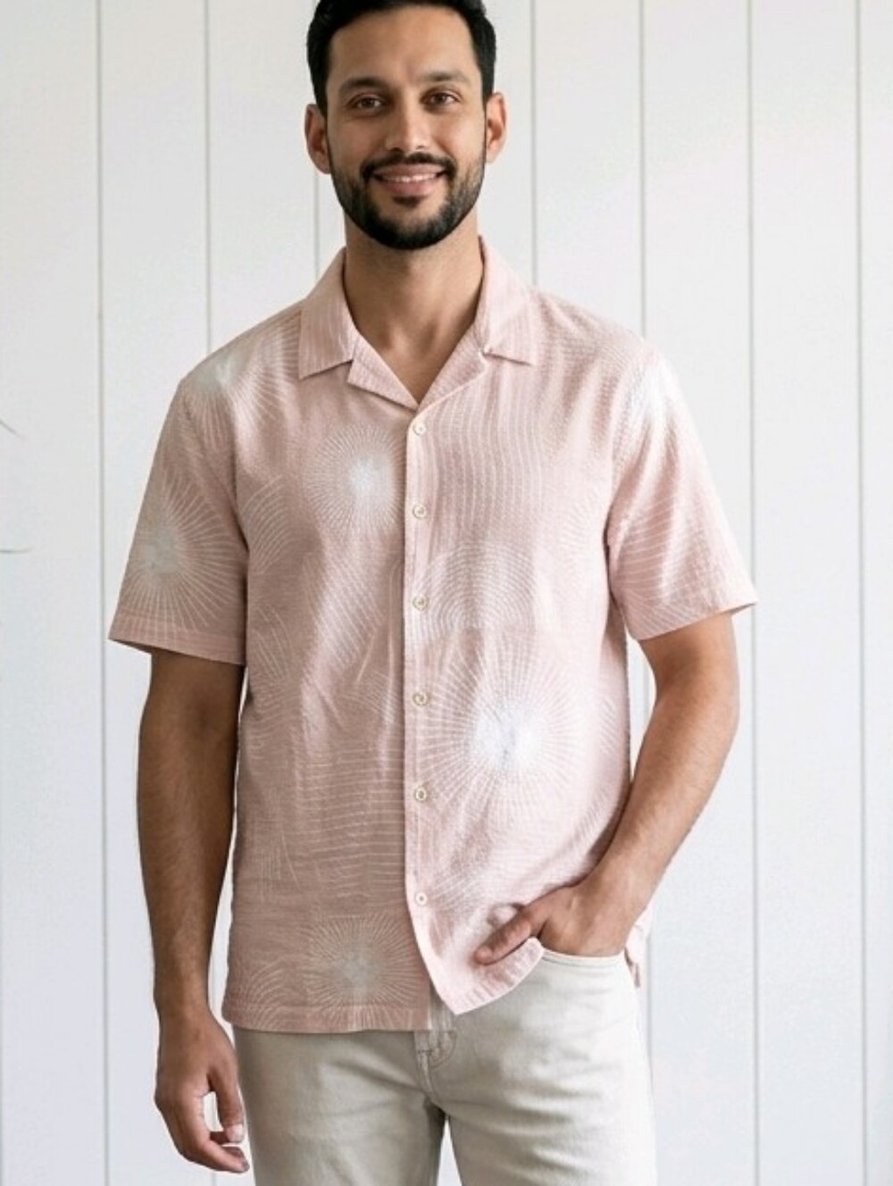 Folk Men's Pale Pink Patterned Short-Sleeve Button-Down Shirt